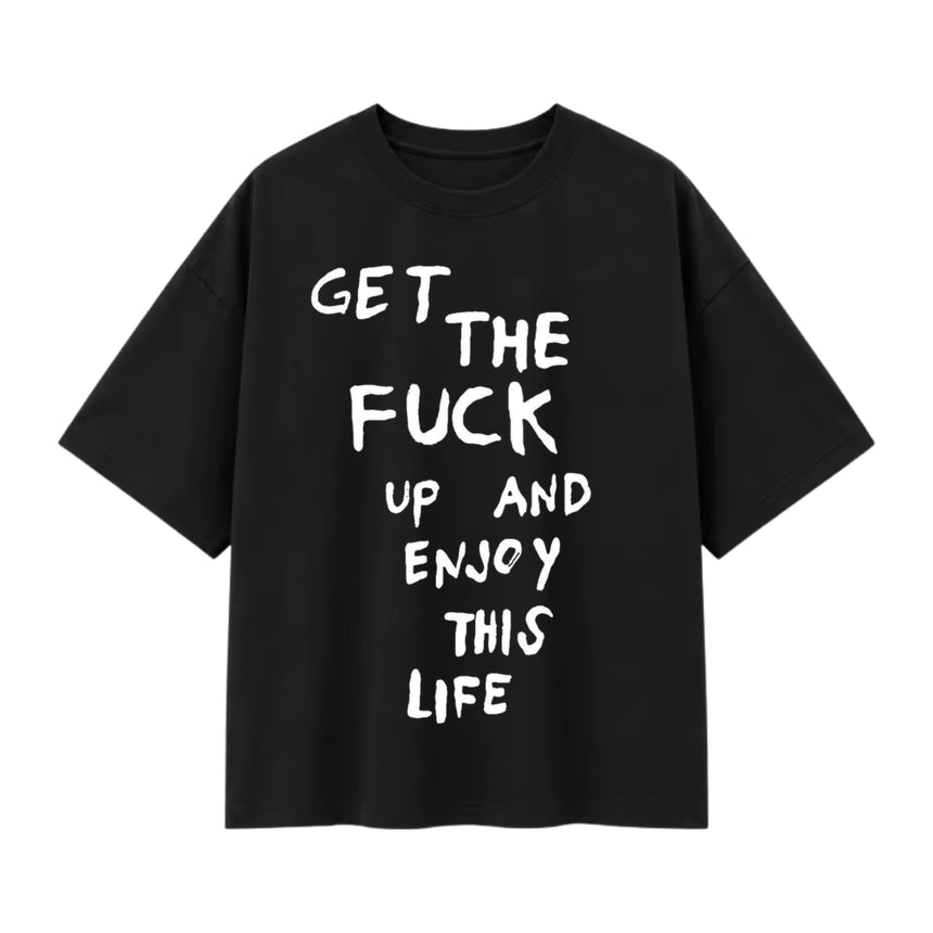 T-shirt oversize noir, lettrage blanc manuscrit