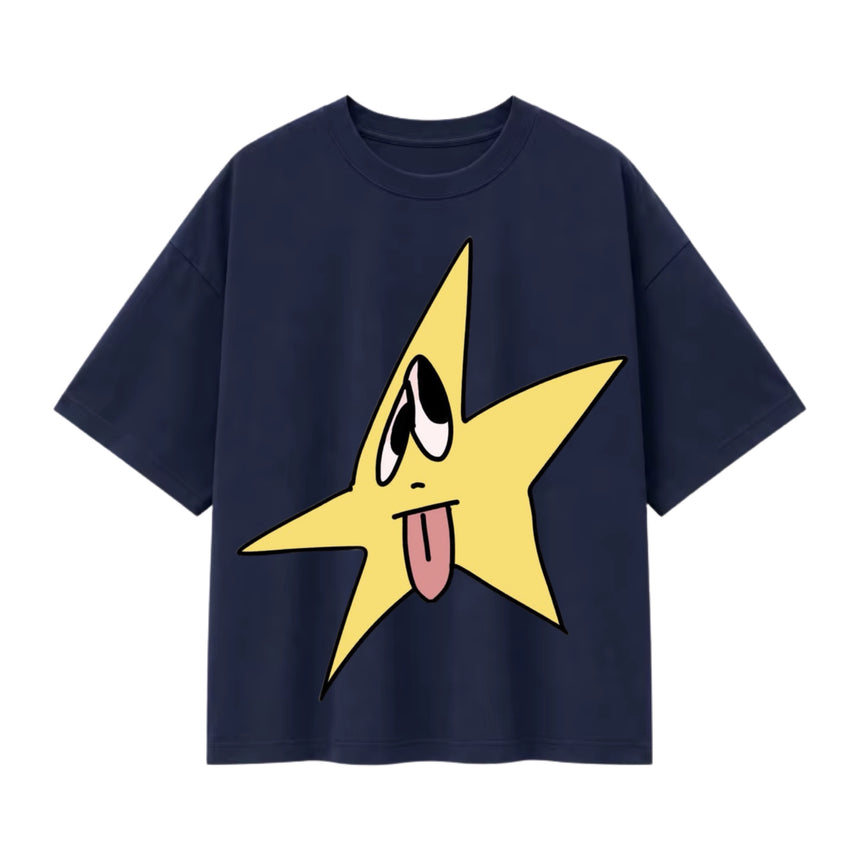 T-shirt oversize marine, étoile jaune tirant la langue