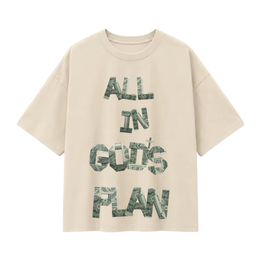 T-shirt oversize écru, lettrage vert All In God's Plan
