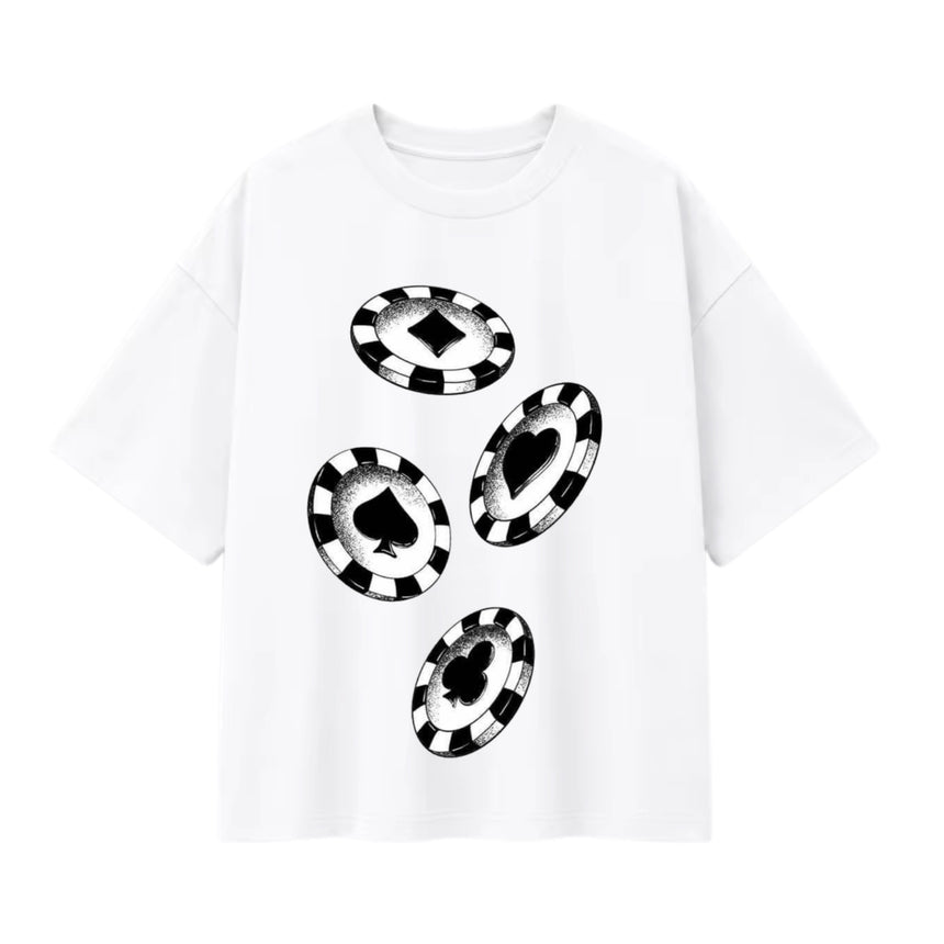T-shirt oversize blanc, jetons de casino noir et blanc